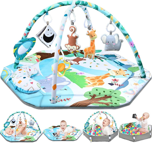 Baby Gym Play Mat, 8-in-1 Tummy Time Mat & Ball Pit with 6 Toys, Washable Baby Activity Play Mat for Visual, Hearing, Sensory, Motor Development, Baby Toys Toddler Infant 0-3-6-9-12 Months