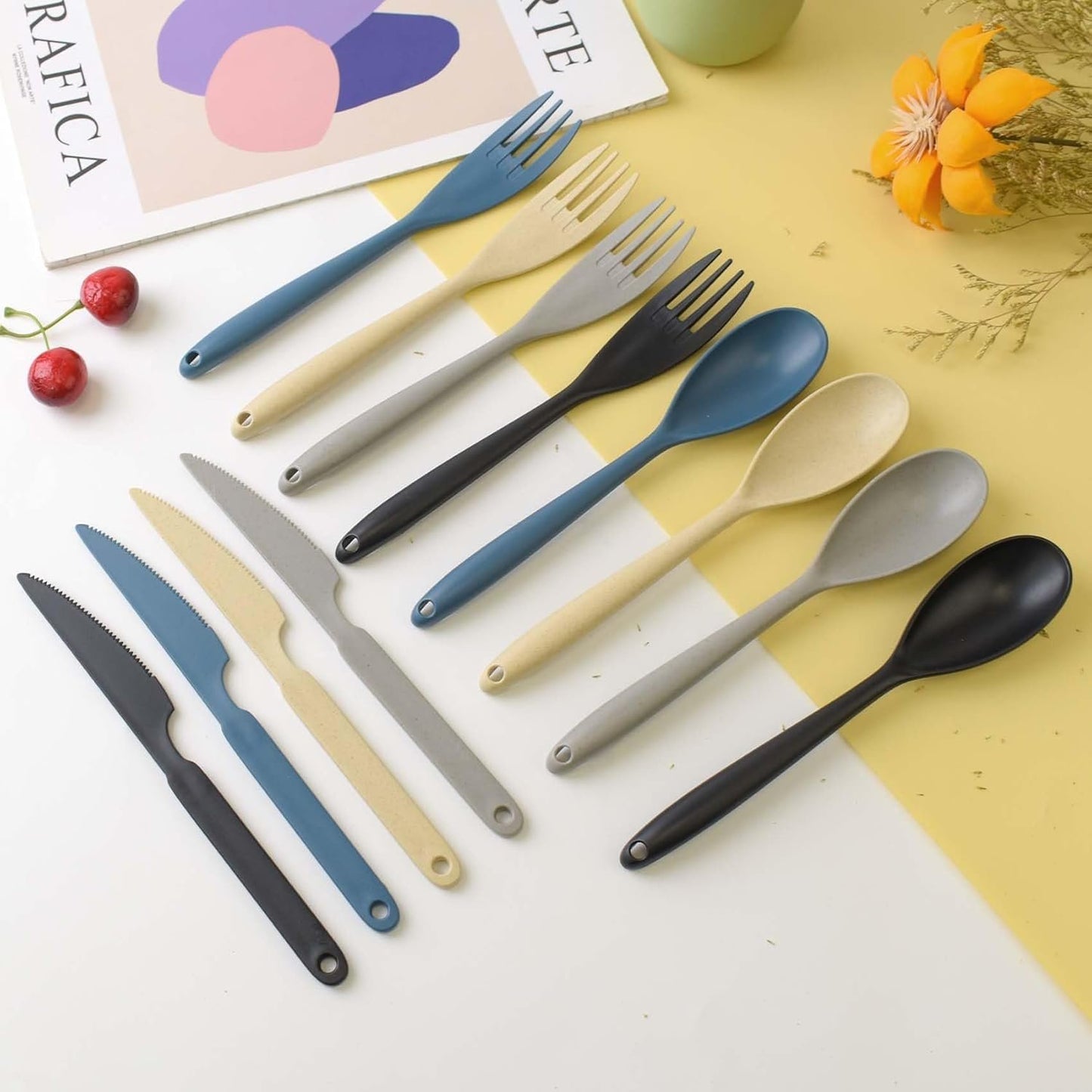 JIABEIUS Large Knives Spoons and Forks Set, 12pcs Reusable Plastic Utensils, Cutlery Set for Lunch Travel School Picnic Camping or Daily Use