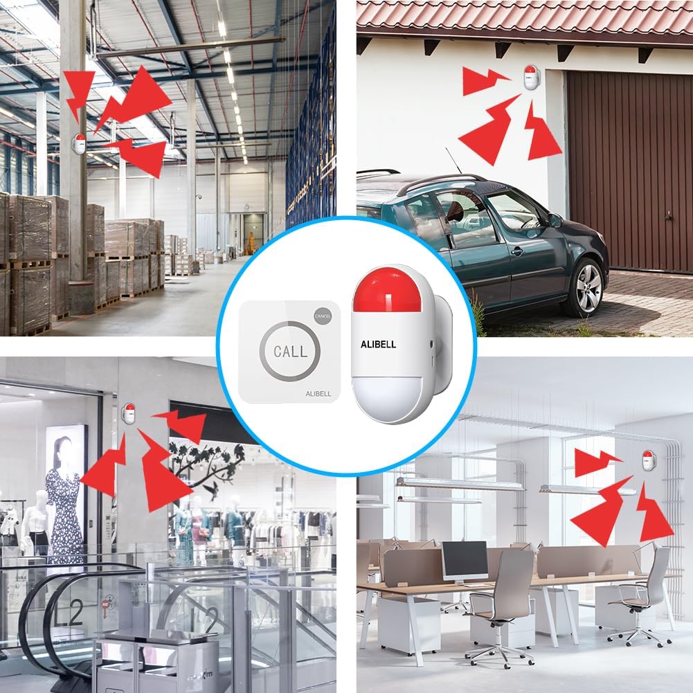 ALIBELL Personal Alarm 120dB Siren, Emergency Alarm System for Home/Shop/Factory, 2 Emergency Buttons + 1 Siren (Battery Operated and Plug-in Mains Powered)