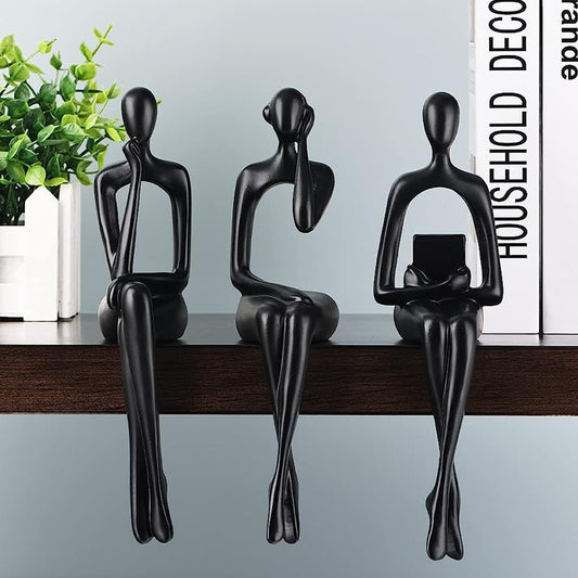 XYQXYQ Black Decoration Resin Thinker Statues, 3 Sitting Abstract Sculptures, Bookcase Desk Figurines, Living Room Shelf Accents, Gold Centerpieces Table Decorations
