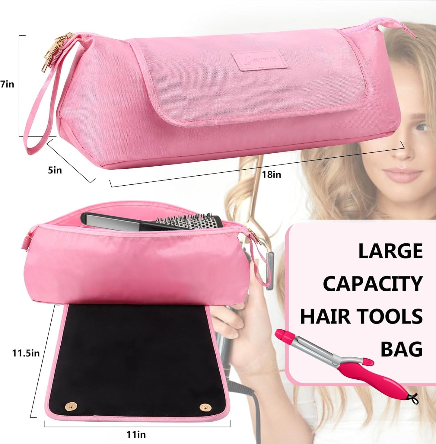 Large Hair Tools Travel Bag with Heat Resistant Mat for Straighteners, Curling Iron, Haircare Accessories, Hair Styling Tools Bag with Silicone Mat (Pink)