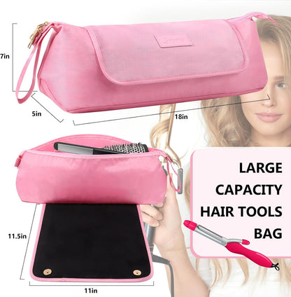 Large Hair Tools Travel Bag with Heat Resistant Mat for Straighteners, Curling Iron, Haircare Accessories, Hair Styling Tools Bag with Silicone Mat (Pink)