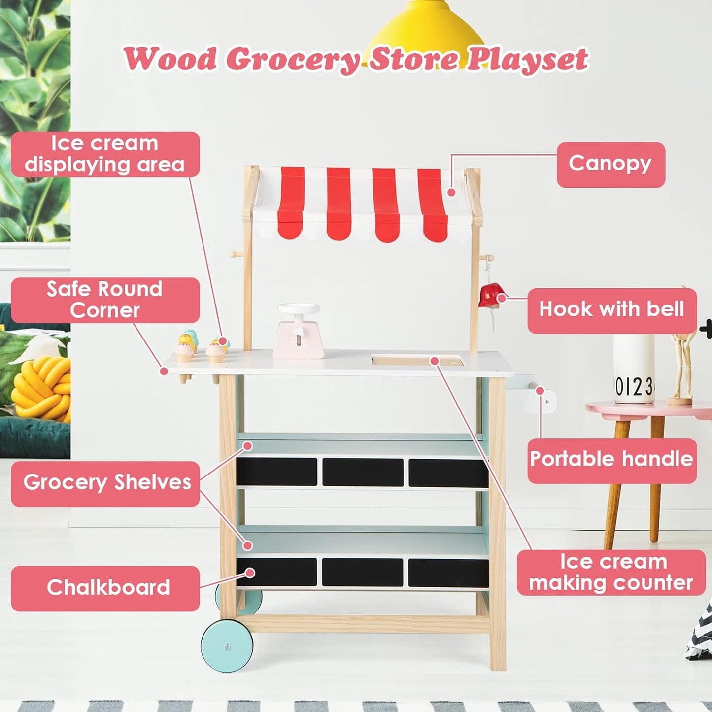 HONEY JOY Kids Ice Cream Cart, Wooden Grocery Store Playset w/6 Pieces Play Food, Realistic Bell & Food Scale, Chalkboard, Pretend Play Dessert Shop Counter Stand Truck, Gift for Boys Girls
