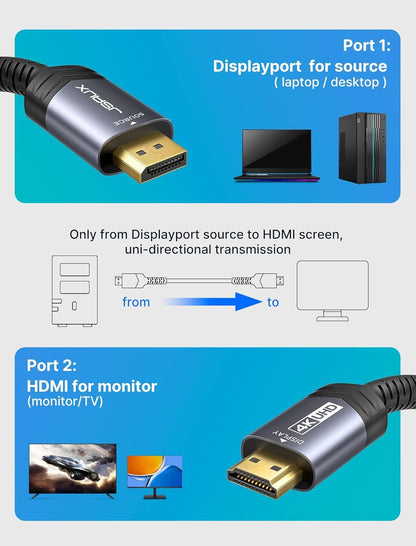 JSAUX 4K DisplayPort to HDMI Cable Adapter 3M, DP to HDMI Male Video UHD 4K@30Hz/2K@60/1080P@120 Nylon DP to HDTV Uni-Directional Cord for Dell, Projector, Desktop, AMD, NVIDIA, Lenovo, HP, ThinkPad