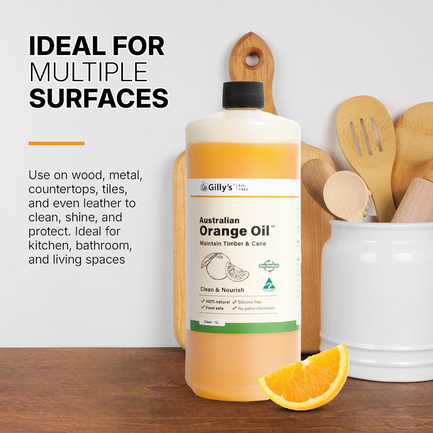 Gilly's Orange Oil 1 Litre | All-Purpose Natural Finish for Wooden Chopping Boards, Cutting Boards & Furniture | Essential Oil Blend for Cleaning, Restoring Cane, Bamboo & Wooden Surfaces