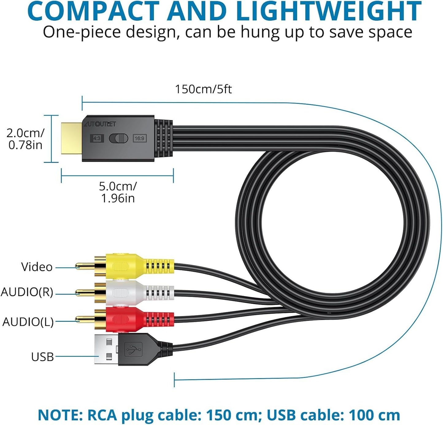 AUTOUTLET RCA to HDMI Converter with Aspect Ratio Switch (4:3/16:9), 1080P/720P Mini AV to HDMI Adapter with Built-in 150cm Cable for VCR, VHS, DVD