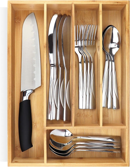 PRISTINE BAMBOO 10 inch silverware tray organizer– Flatware Utensil Cutlery Silverware Holder for Drawer – Small Extra-Deep Wooden Kitchen Drawer Organizer Divider for Spoons Forks Knives cutleries