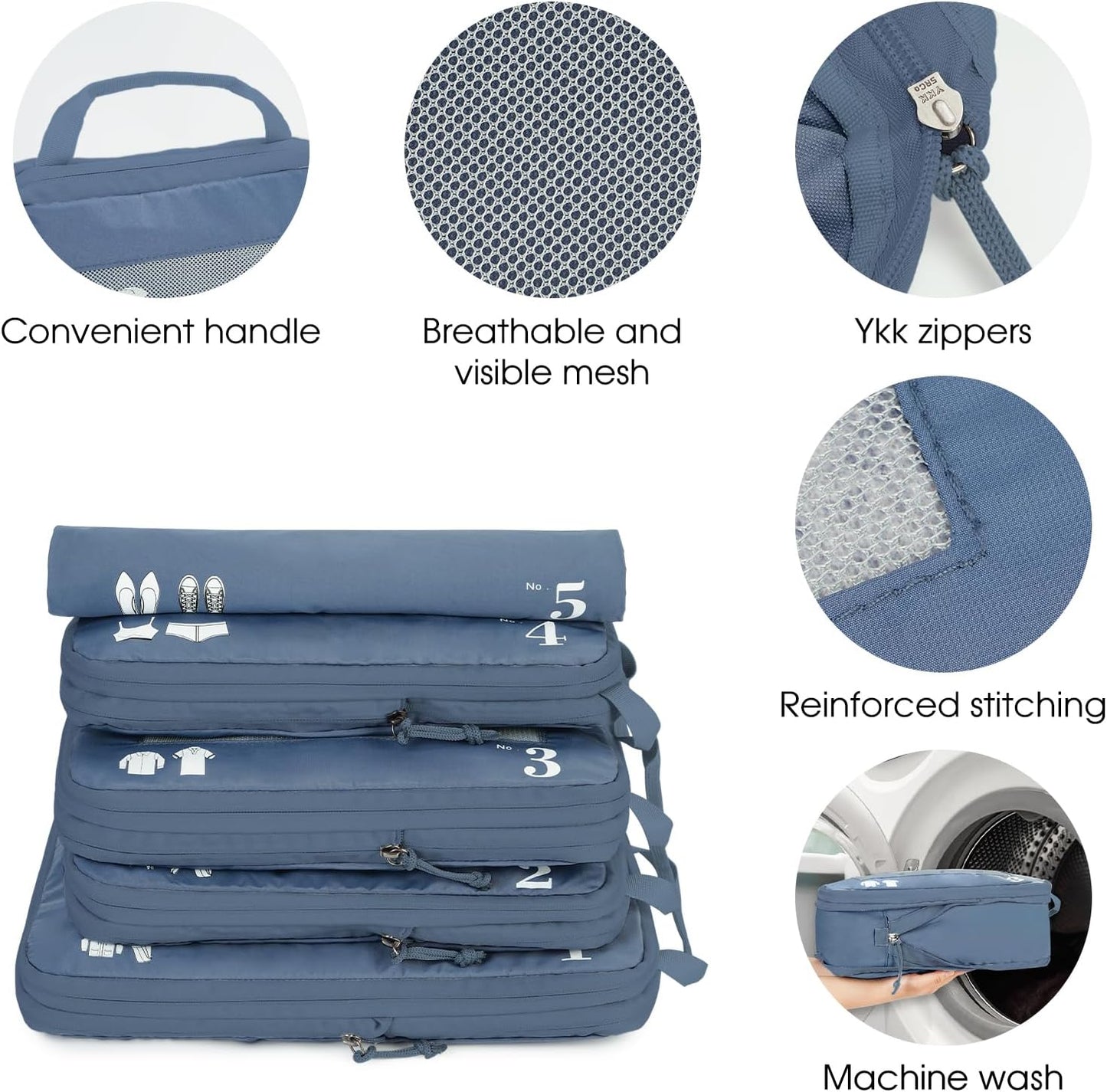 ECOHUB 5 Pieces Organizer Suitcase Compression Space-Saving Travel Accessories Useful Packing Cubes Set Organizer Travel Bags Travel Essentials Kit Air Travel (Pure Blue)