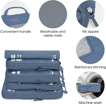 ECOHUB 5 Pieces Organizer Suitcase Compression Space-Saving Travel Accessories Useful Packing Cubes Set Organizer Travel Bags Travel Essentials Kit Air Travel (Pure Blue)