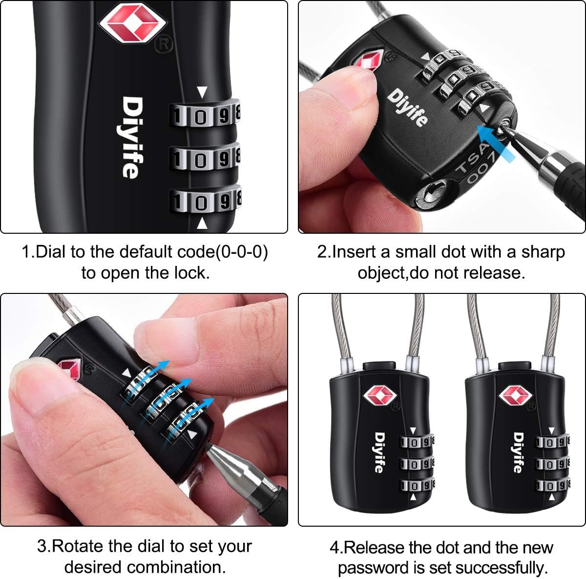 TSA Luggage Locks,3-Digit Security Padlock, [Newest Version] Diyife Combination Padlocks, Travel Code Lock for Suitcases, Luggage, Bag, Case, Backpack, Gym Lockers (Black&Blue&Red&Orange, 4 Pcs)