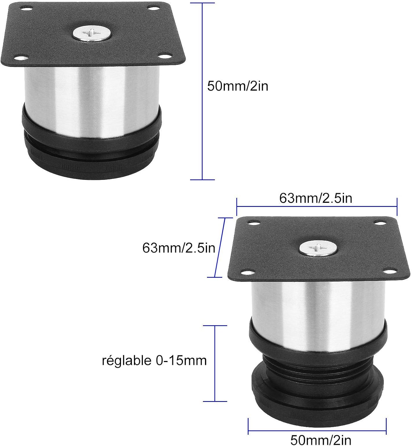 ASelected 8 Pieces Adjustable Furniture Feet 5 cm, Diameter 50 mm Pieces Adjustable Legs 0-15 mm Metal Base Feet Round Legs for Furniture, Paws Cabinet, Sofa, Table, Bed - Silver