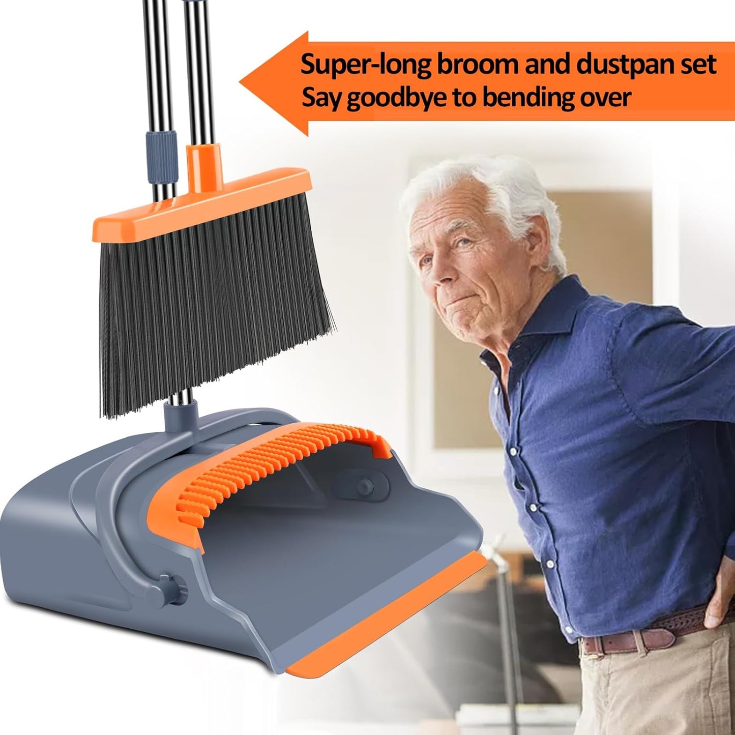 kelamayi Broom and Dustpan Comb Set for Home Super Long Handle,Upright Standing Dustpan for Home Room Kitchen Office Lobby Outdoor Floor Use(Gray & Orange)