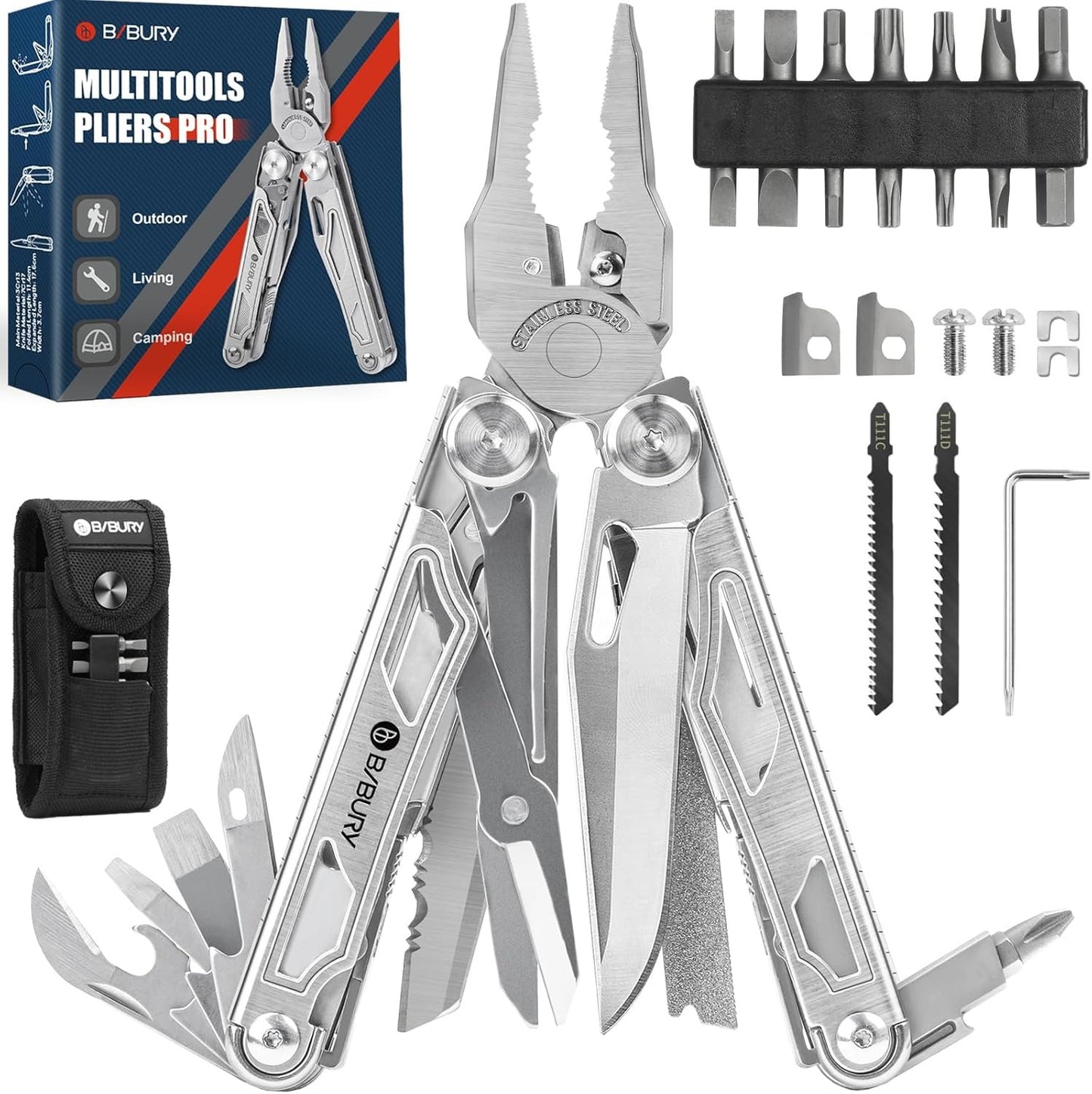 BIBURY Multitool Pliers, Stainless Steel Multi Tool Pliers with Replaceable Wire Cutters and Saw, Foldable Multitools with Scissors and Screwdriver, Ideal for Camping, Hiking, Survival, Gift for Him