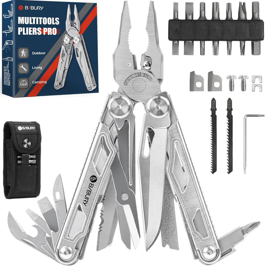 BIBURY Multitool Pliers, Stainless Steel Multi Tool Pliers with Replaceable Wire Cutters and Saw, Foldable Multitools with Scissors and Screwdriver, Ideal for Camping, Hiking, Survival, Gift for Him