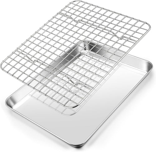 10.4 Inch Baking Pan with Rack Set, Joyfair Stainless Steel Rectangular Toaster Oven Cookie Pan with Cooling Rack, Professional Bakeware, Extra Thick & Rolled Rim, Dishwasher Safe