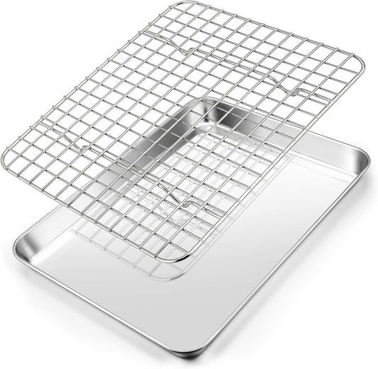 10.4 Inch Baking Pan with Rack Set, Joyfair Stainless Steel Rectangular Toaster Oven Cookie Pan with Cooling Rack, Professional Bakeware, Extra Thick & Rolled Rim, Dishwasher Safe