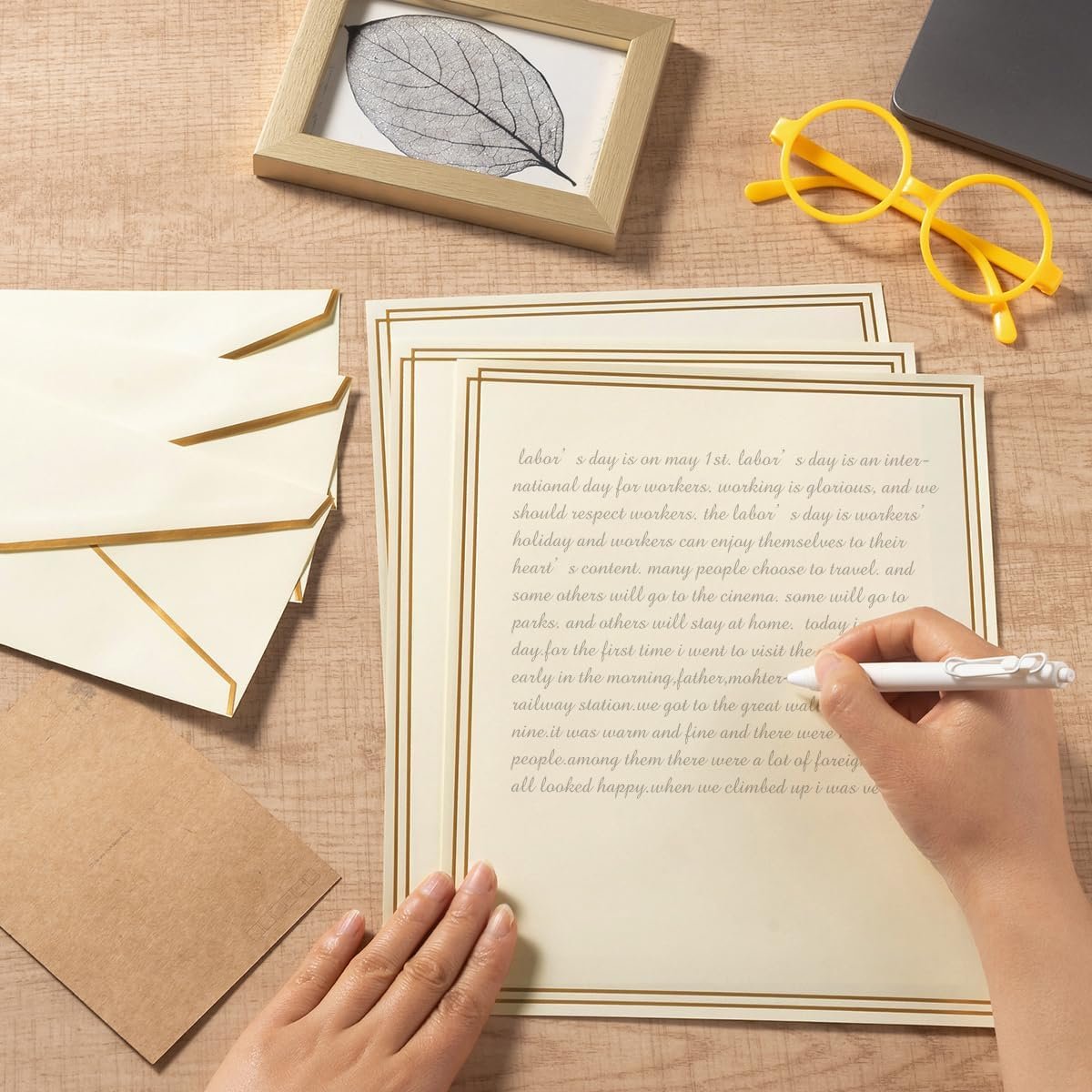 Topeen 50 Pack Stationery Set with Gold Border, #10 Business Envelopes and 8.5x11 Paper Sheets and Stickers for Writing Letters (Cream Color, 8.5x11 Inches)