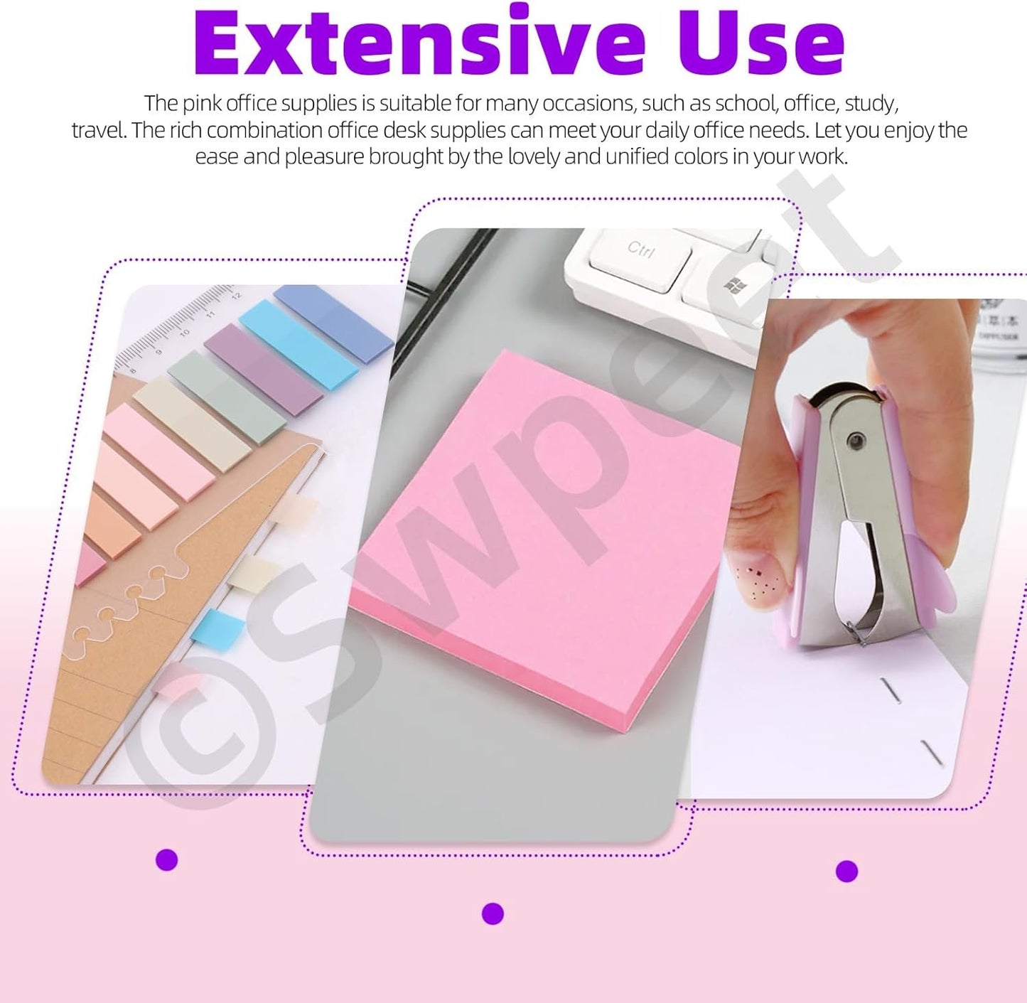 Swpeet 9Pcs Pink Office Supplies Kit, Desk Accessories Including Stapler, Tape Dispenser, Staple Remover, Tabs, Scissors, Staples, Tape, Clips and Sticky Note Ideal for Office and School