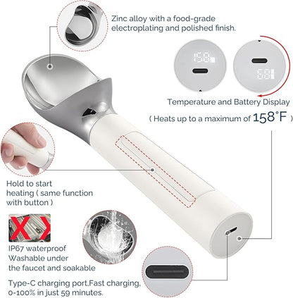 Heated Ice Cream Scoop, USB Rechargeable Electric Scooper with LED Display, Heats to 158°F for Hard Ice Cream, Easy for Seniors & Kids, IP67 Waterproof – White