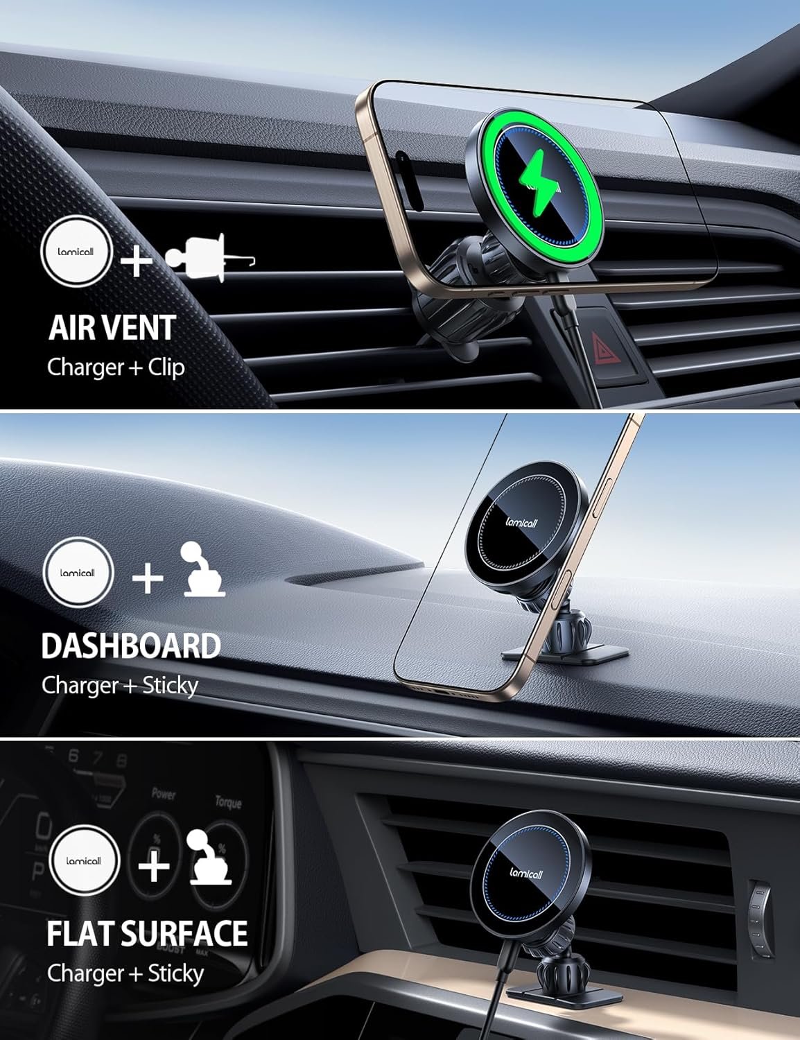 Lamicall 15W Wireless Car Mount Charger - [3-in-1 Upgraded Intelligent Chip] 360° Wireless Car Phone Holder Charger Vent Dashboard Magnetic Car Charger for iPhone 16 Pro Max Black