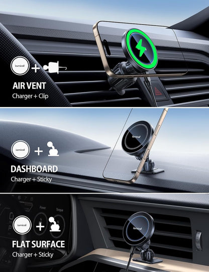 Lamicall 15W Wireless Car Mount Charger - [3-in-1 Upgraded Intelligent Chip] 360° Wireless Car Phone Holder Charger Vent Dashboard Magnetic Car Charger for iPhone 16 Pro Max Black