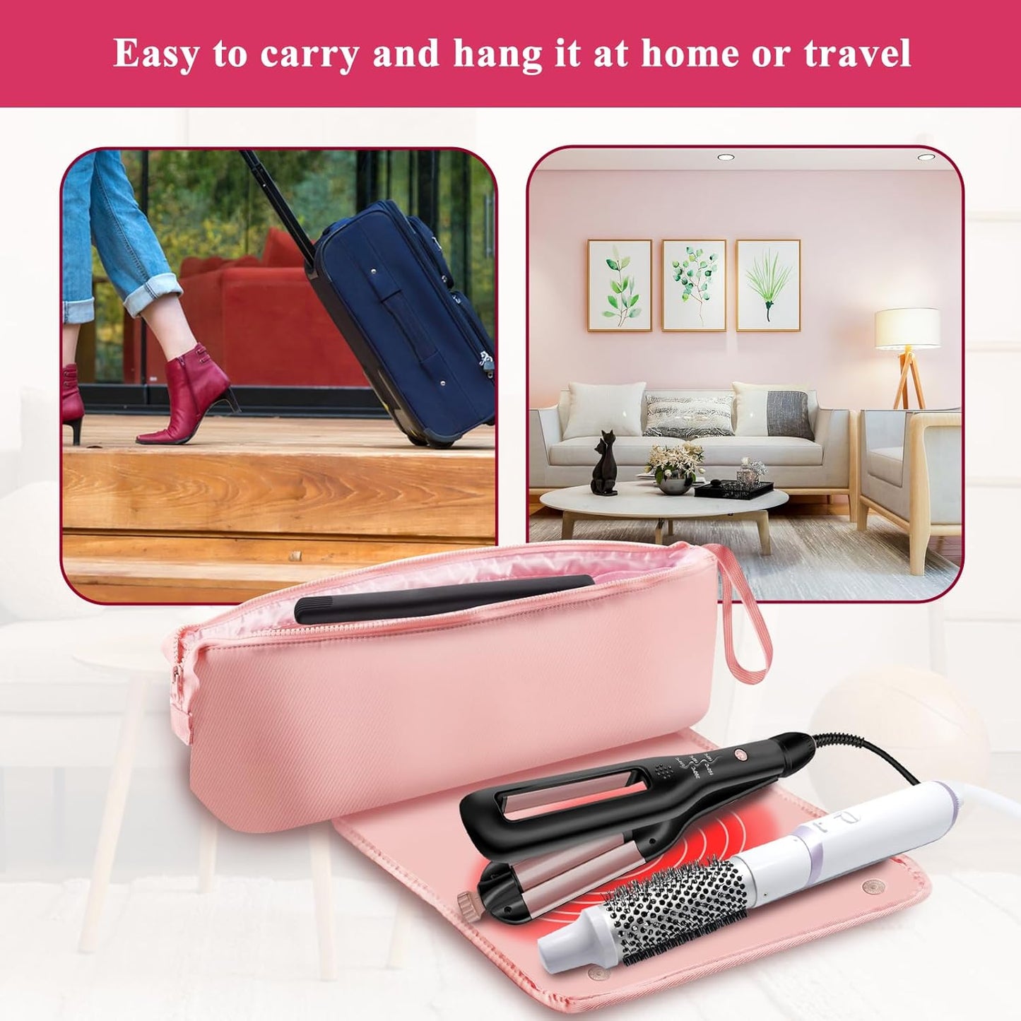 Hair Tools Travel Bag with Heat Resistant Mat, Neoprene Portable Organizer for Flat Irons, Straighteners, Curling Irons, and Hair Care Accessories with Interior Pockets Great Travel Essentials