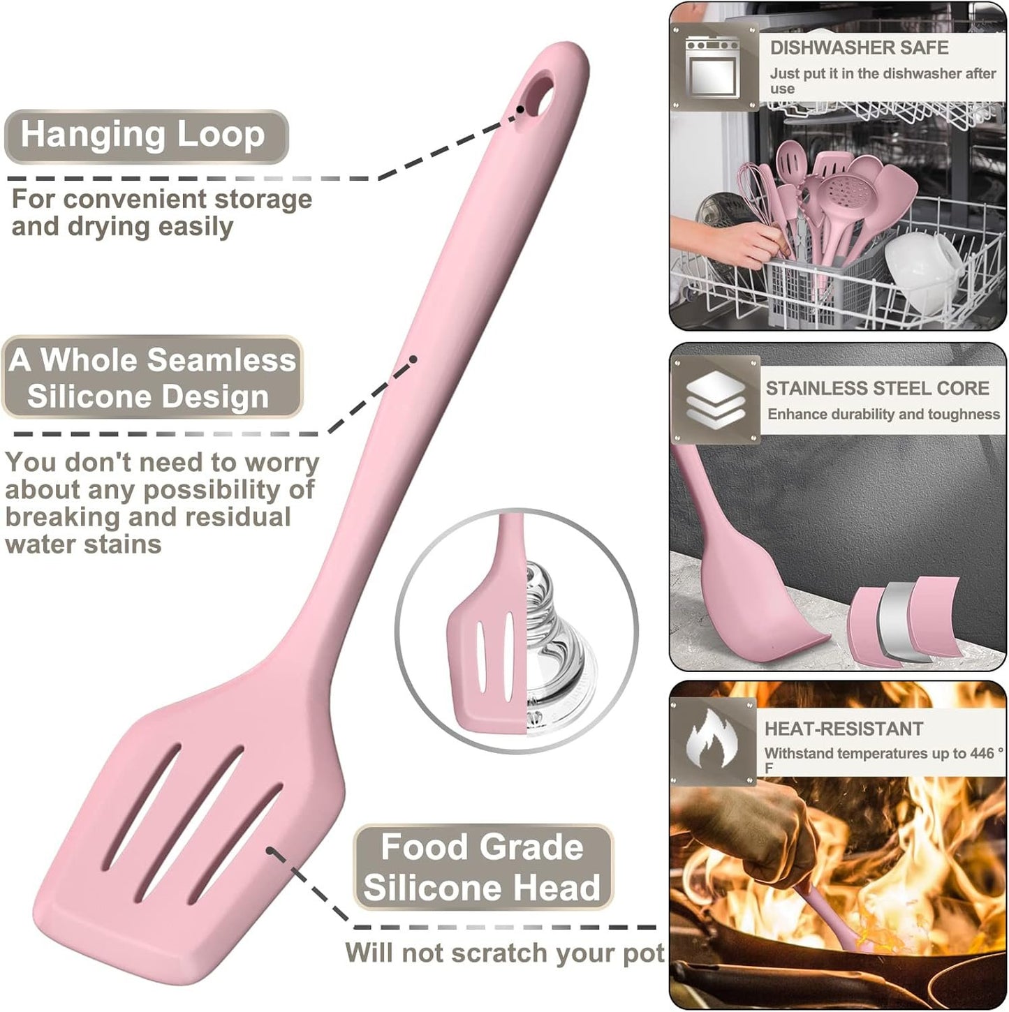 Silicone Cooking Kitchen Utensil Set, AIKKIL 43 Pcs Heat Resistant Cooking Utensils Set, Turner, Tongs, Spoon, Spatula, Kitchen Gadgets Tools Set for Nonstick Cookware, Pink(Dishwasher, BPA Free)