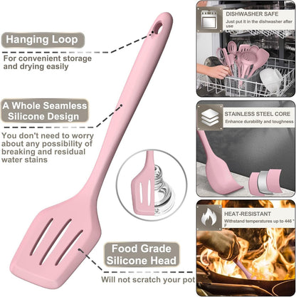 Silicone Cooking Kitchen Utensil Set, AIKKIL 43 Pcs Heat Resistant Cooking Utensils Set, Turner, Tongs, Spoon, Spatula, Kitchen Gadgets Tools Set for Nonstick Cookware, Pink(Dishwasher, BPA Free)