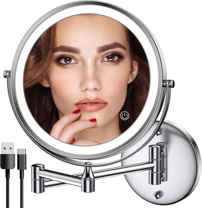 Rechargeable Wall Mounted Makeup Mirror, 8 Inch Double-Sided LED Vanity Mirror 1X/10X Magnification,3 Color Lights Touch Screen Dimmable 13 Inch Bathroom Mirror (Chrome)