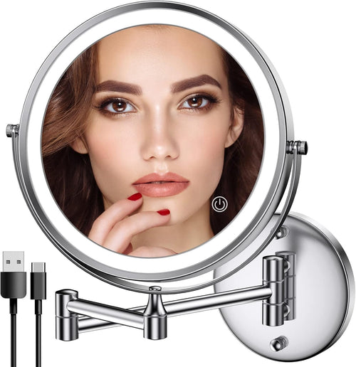 Rechargeable Wall Mounted Makeup Mirror, 8 Inch Double-Sided LED Vanity Mirror 1X/10X Magnification,3 Color Lights Touch Screen Dimmable 13 Inch Bathroom Mirror (Chrome)