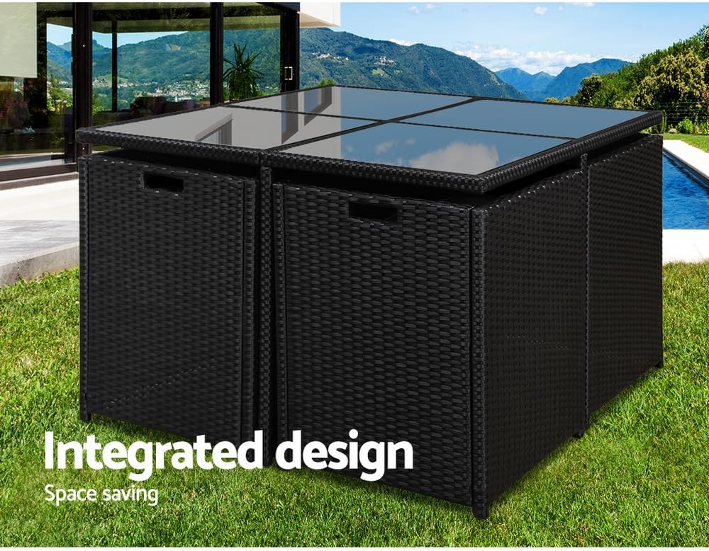 Gardeon Outdoor Dining Set 5pcs Rattan Wicker Lounge Setting Table and Chairs, Patio Conversation Sets Furniture Garden Backyard, Weather-Resistant Cushions Storage Cover Black Glass Tabletop