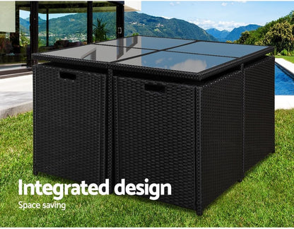 Gardeon Outdoor Dining Set 5pcs Rattan Wicker Lounge Setting Table and Chairs, Patio Conversation Sets Furniture Garden Backyard, Weather-Resistant Cushions Storage Cover Black Glass Tabletop