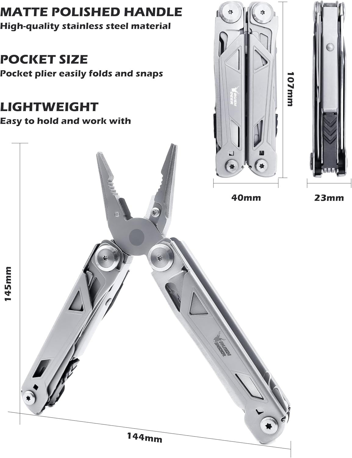 RUSH DEER Multi-Tool 18-in-1 Essential Survival Tools and Multitools Plier- Versatile Camping Tool Kit-Gift for Men-Ultimate Versatile Toolkit for DIY, Outdoor (Sliver)