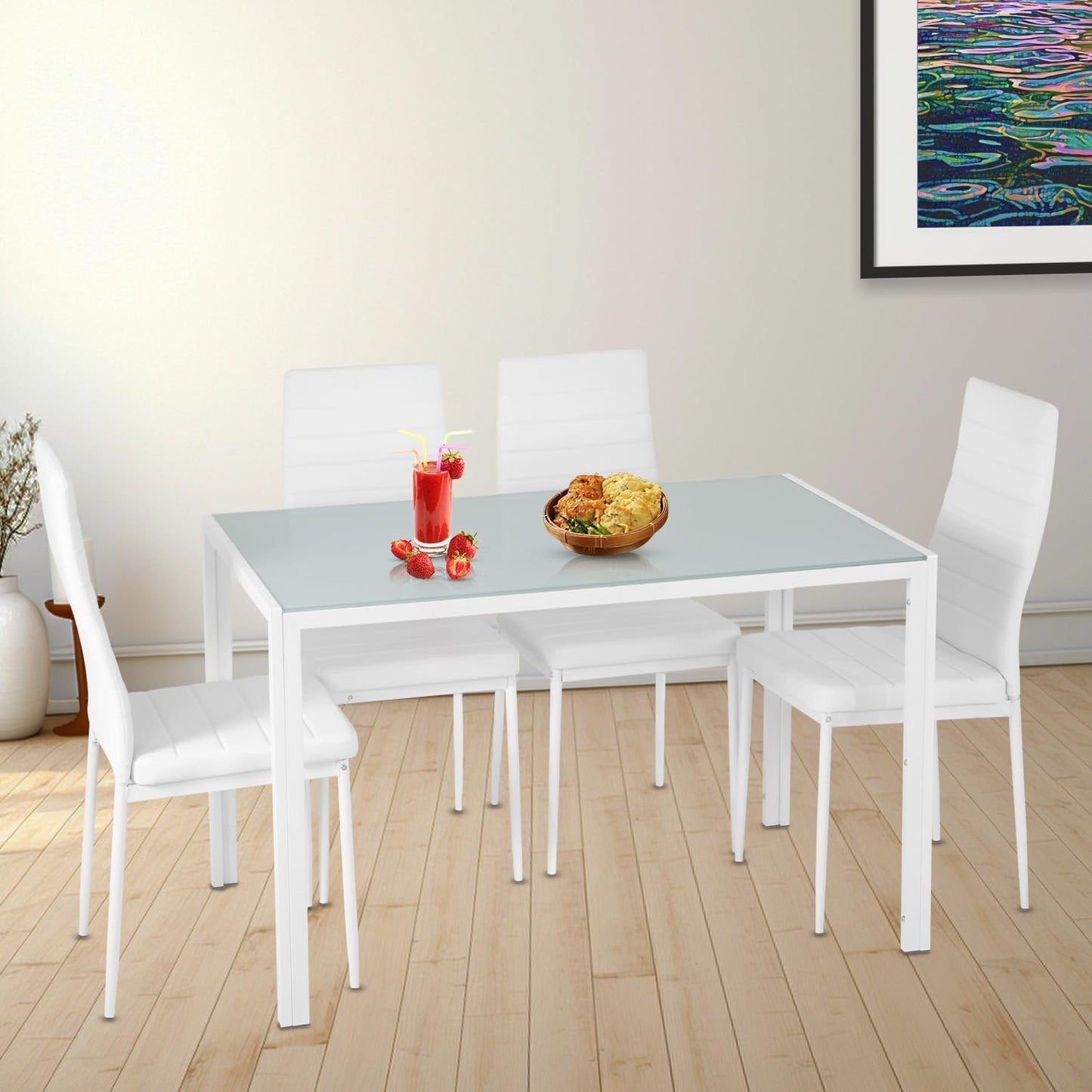 Dining Table Set 5-Piece, Glass Tabletop Kitchen Table & Chair Set,for Dining Room, Ideal for Kitchen, and Breakroom, 4 Faux Leather Metal Frame Chairs Sleek and Stylish Design,White