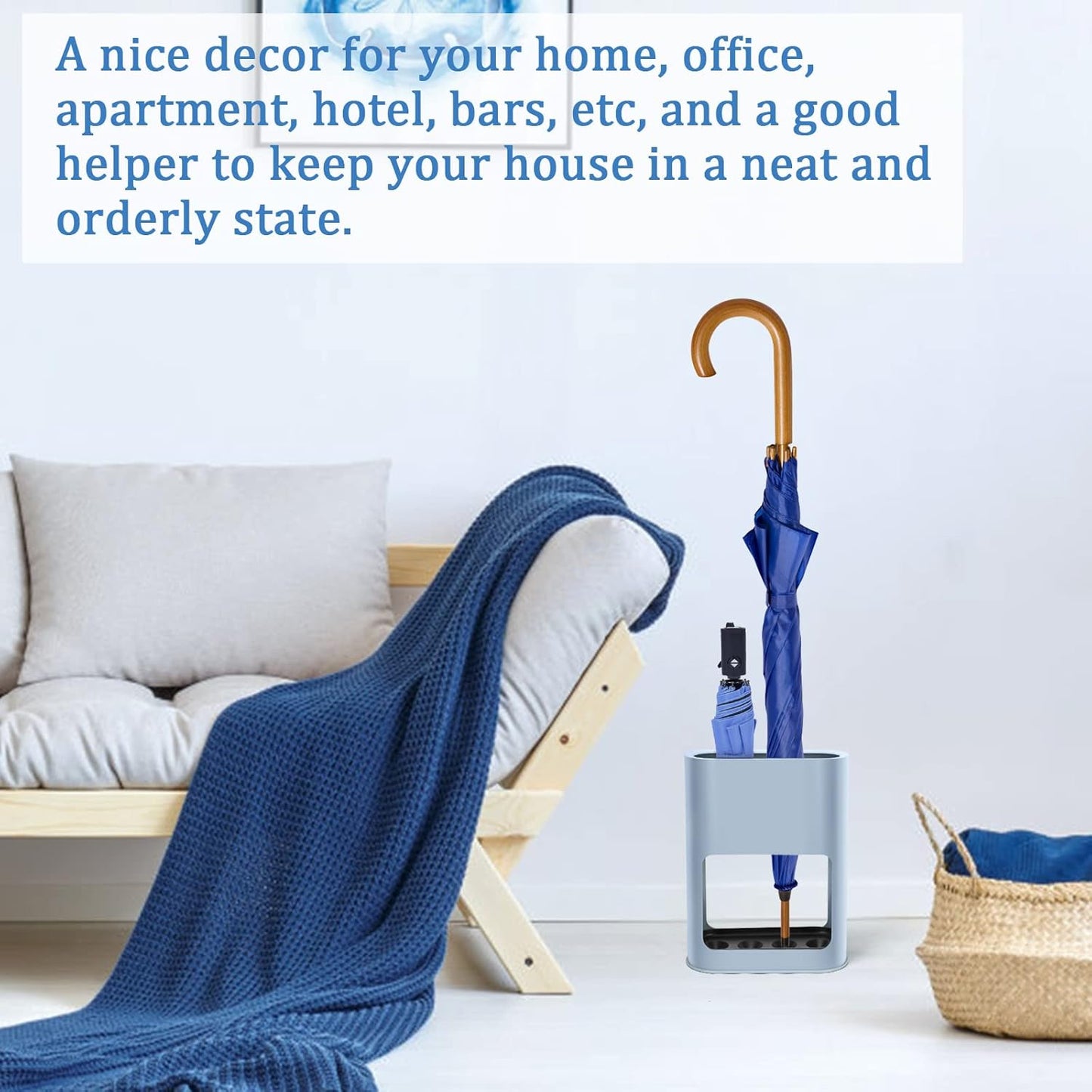 DricRoda Small Space Saving Umbrella Rack with Drip Tray for Decor, Home Office, Entryway - Blue, Holds 4 Umbrellas