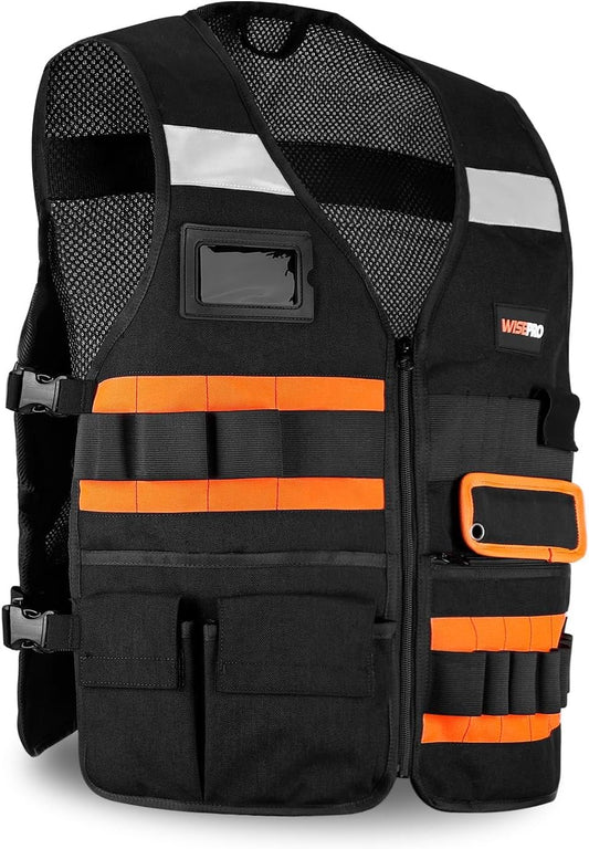 WISEPRO Tool Vest, Electrician Safety Vest with Pockets and Zippers, All Purpose Tool Vest Work Vest for Men Carpenters Electricians Handyman, Black Orange