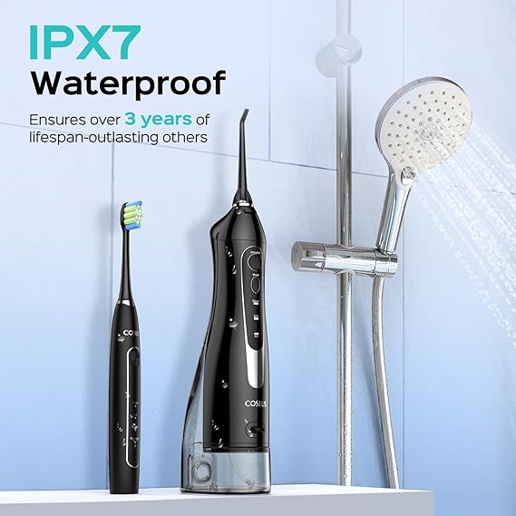 COSLUS Portable Water Flosser and Electric Toothbrush Combo: 2-in-1 Oral Clean Kit for Teeth, Braces, Gums Care - Brushing & Flossing for Adults, Family, Travel Use, BPA-Free, Black, C20 & C41