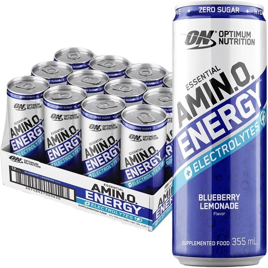 OPTIMUM NUTRITION Amino Energy + Electrolytes Sparkling Hydration Drink, Blueberry Lemonade Flavour, 355ml, 12 Pack