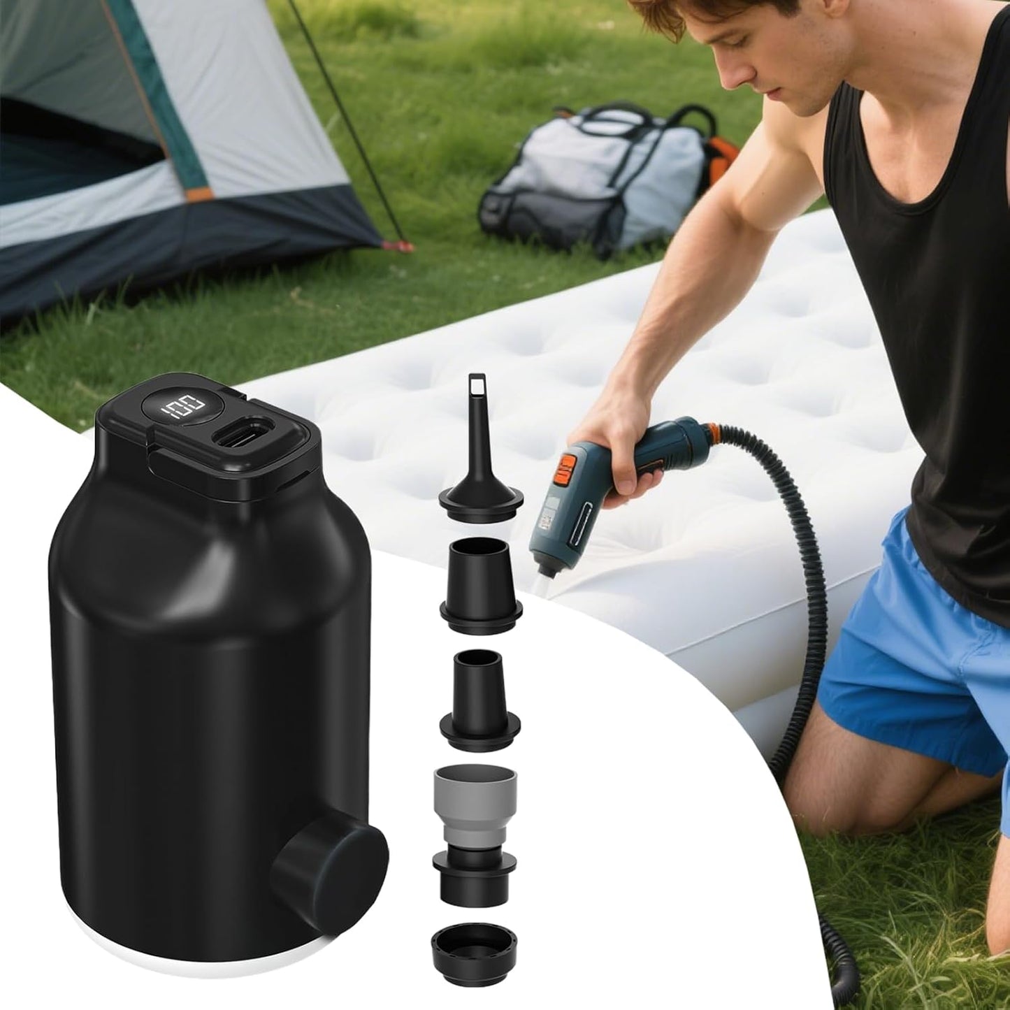 Rechargeable Air Pump, Electric Inflatable Device, Portable LED Light Accessory, Five Nozzle Kit for Pool Camping Sleeping Bags, Travel Gear Inflation for Outdoor Use