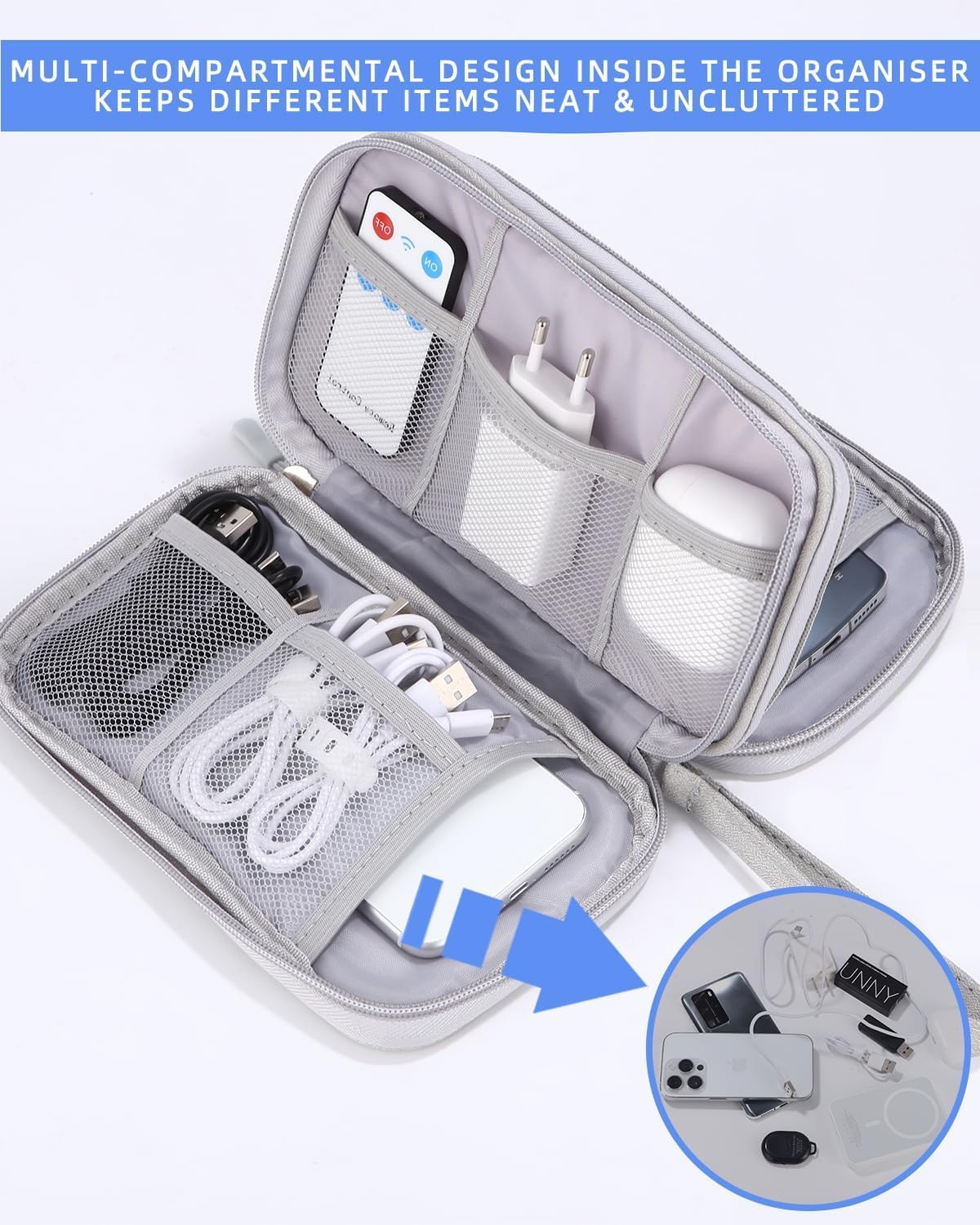 SOBEAU Bag for Cables, Electronic Cable Organizer Travel, Accessories Bag, Universal Bag Organizer Portable Cables for USB, SD Cards, Chargers, Hard Disks, Grey, grey, Paquete variado, Elegant