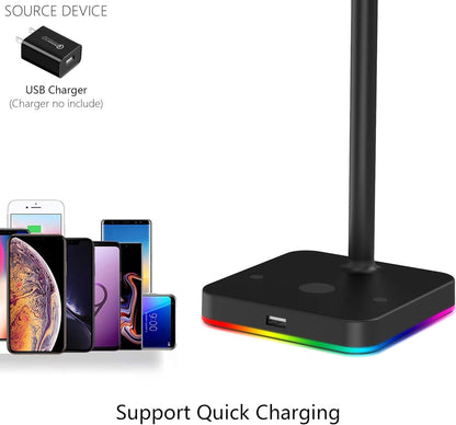 RGB Headphone Stand with USB Hub, KAFRI Desk Gaming Headset Holder Hanger Rack with 1 USB2.0 Extension Charging Port Cord - Suitable for Gamer Desktop Table Game Earphone Accessories