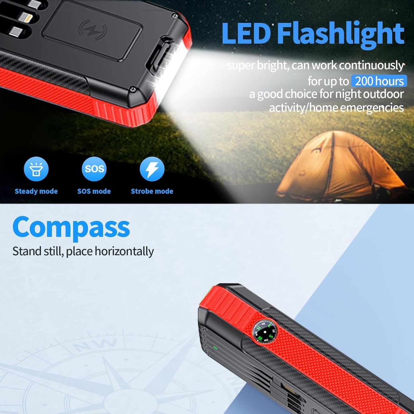 DJKK Solar Power Bank Wireless Charger 33800mAh Built in 4 Cables and LED Camping Lights 22.5W Fast Charging Power Bank 7 Outputs 4 Inputs Portable Charger Compatible with All Mobile Devices (Red)