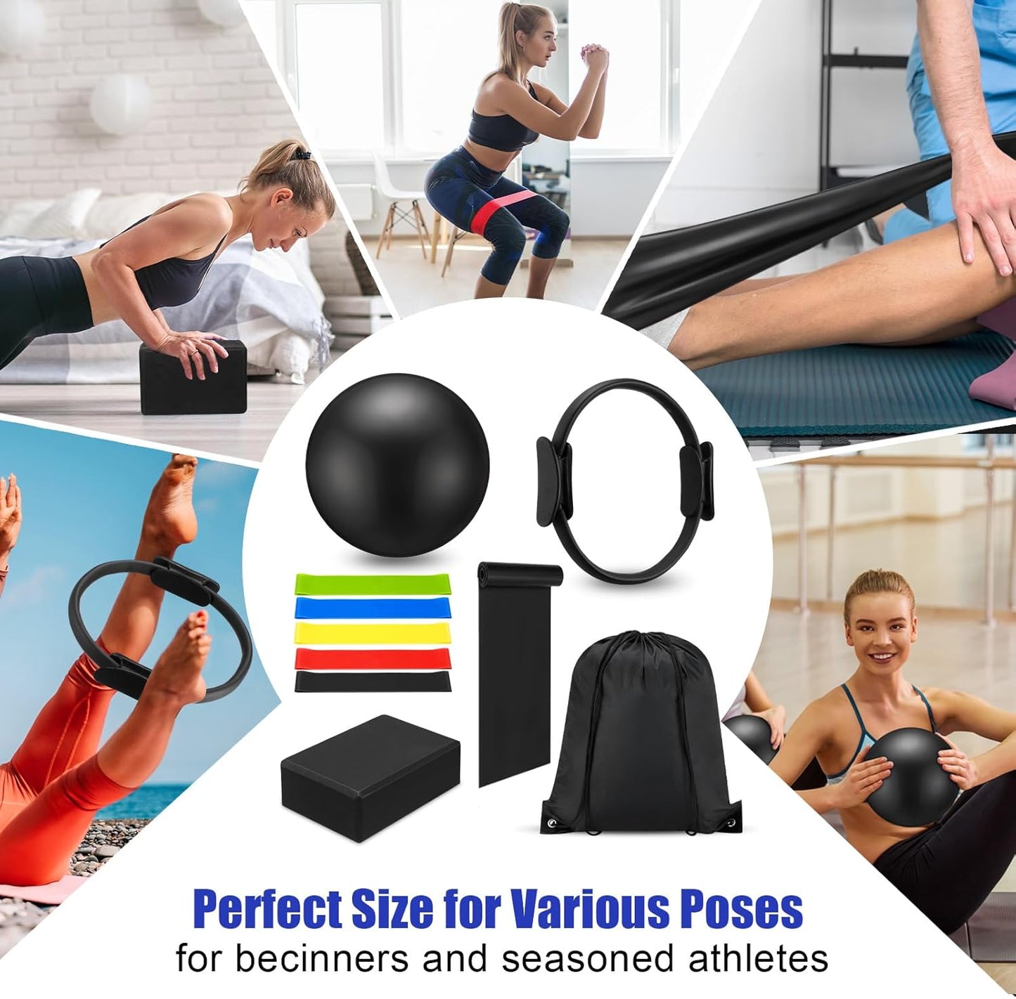 Silipull 10 Pcs Pilates Yoga Equipment Accessories, Pilates Ring Circle Set Gift for Women Home Workouts Include Pilates Ball Circle Yoga Ring Resistance Bands Block Color Yoga Straps and Gym Bag