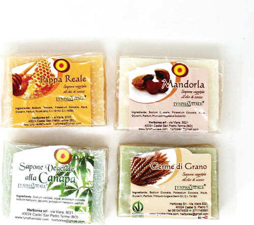 LYNPHA VITALE - Handmade Soap Kit - Almond, Wheat Germ, Royal Jelly and Hemp - 3 Made in Italy Soaps based on Coconut Oil