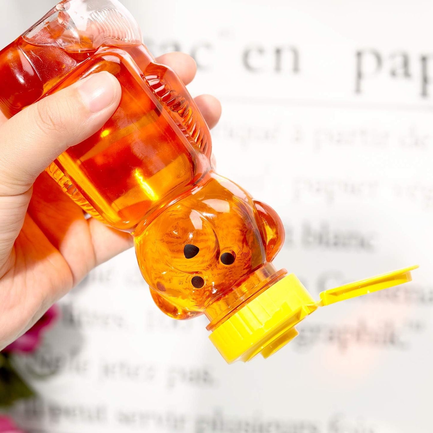 4 Pieces Juice Bear Bottles Honey Bear Drinking Bottles Plastic Reusable Drinking Cups with 4 Pieces Soft Silicone Straws for Daily Drinking Supplies (Yellow)