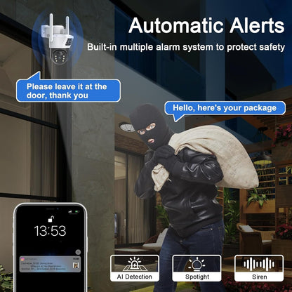 LucZeng Solar Security Cameraã€Dual Lensã€‘,15600mAh Battery WiFi Solar Camera Security Outdoor Wireless 2K, 355Â°P 120Â°T Sound Light Alarm, Colour Night Vision, PIR Motion Detection, 2 Way Talk, IP66