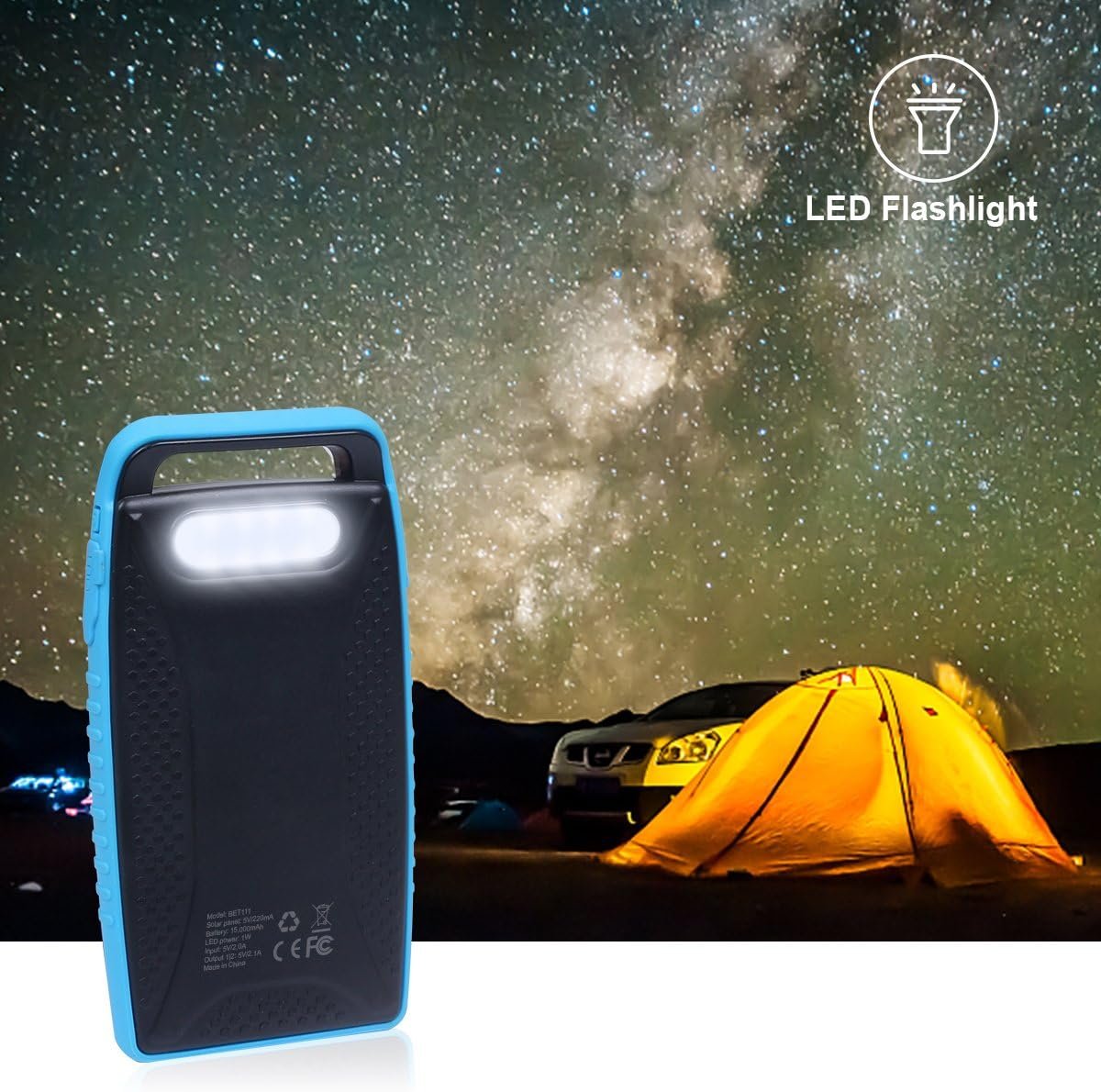 15000mAh Solar Battery Charger BigBlue Solar Charger with Dual USB-A Port, Portable Solar Power Bank with IPX4 Waterproof, Solar Panel Battery Pack with Flashlight for Camping or Hurricane(Light Blue)