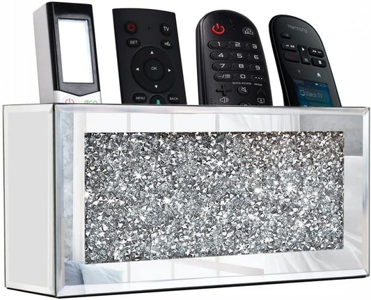GOTHICO Mirrored Remote Holder, Wall Mounted Crush Diamond Bling Decoration Organizer Storage Box for Remote Phone Pad Wallet Notebook (8.3"×2.5"×4" for 3 or 4 Remote Controls)