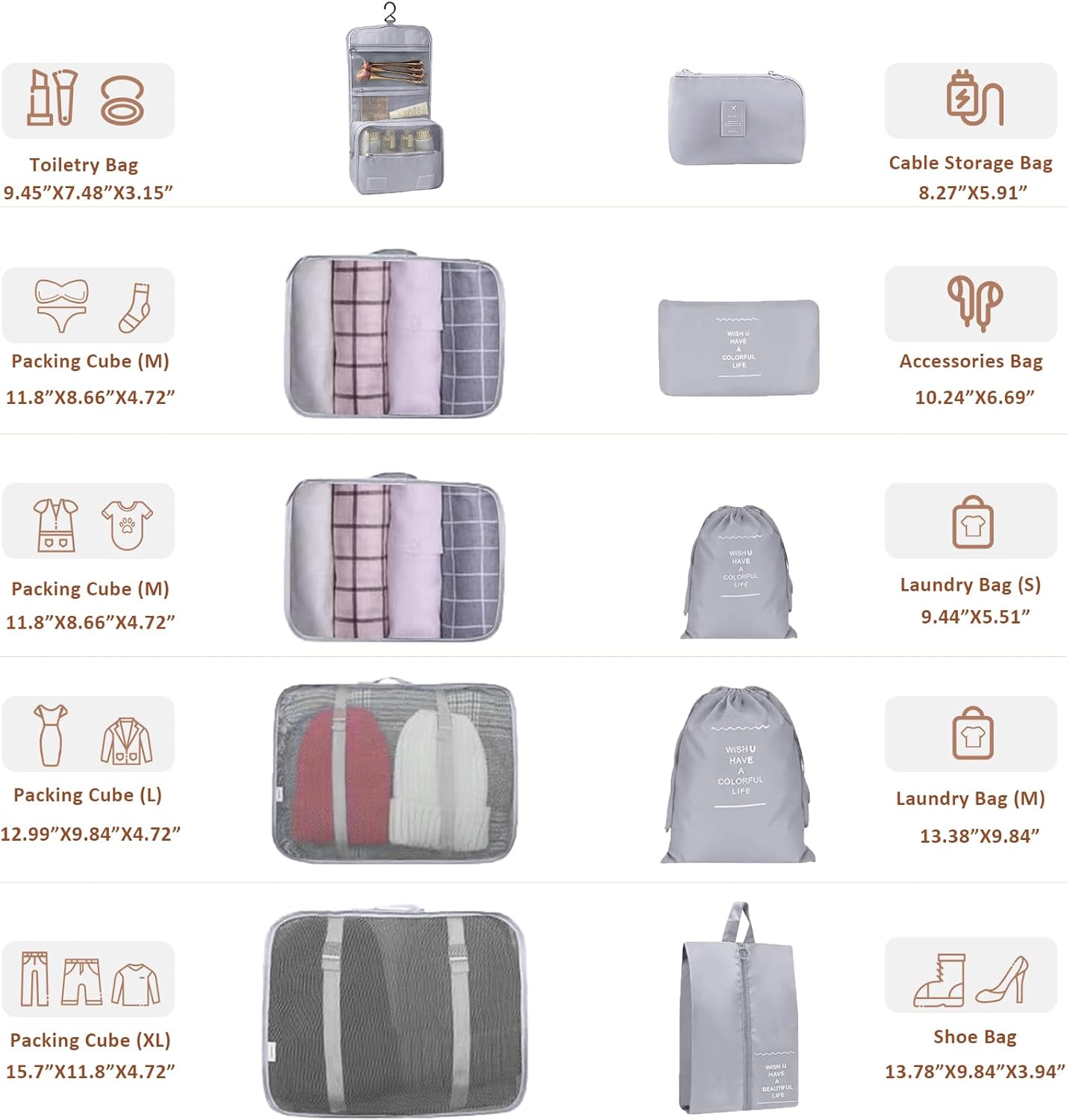 SINZUX Space-Saving Suitcase Organizer, 10 Pieces Travel Suitcase, Grey Dividers Suitcase for Storing Clothes on Travel and Home, Packing Cubes for Cosmetics Clothing Shoes