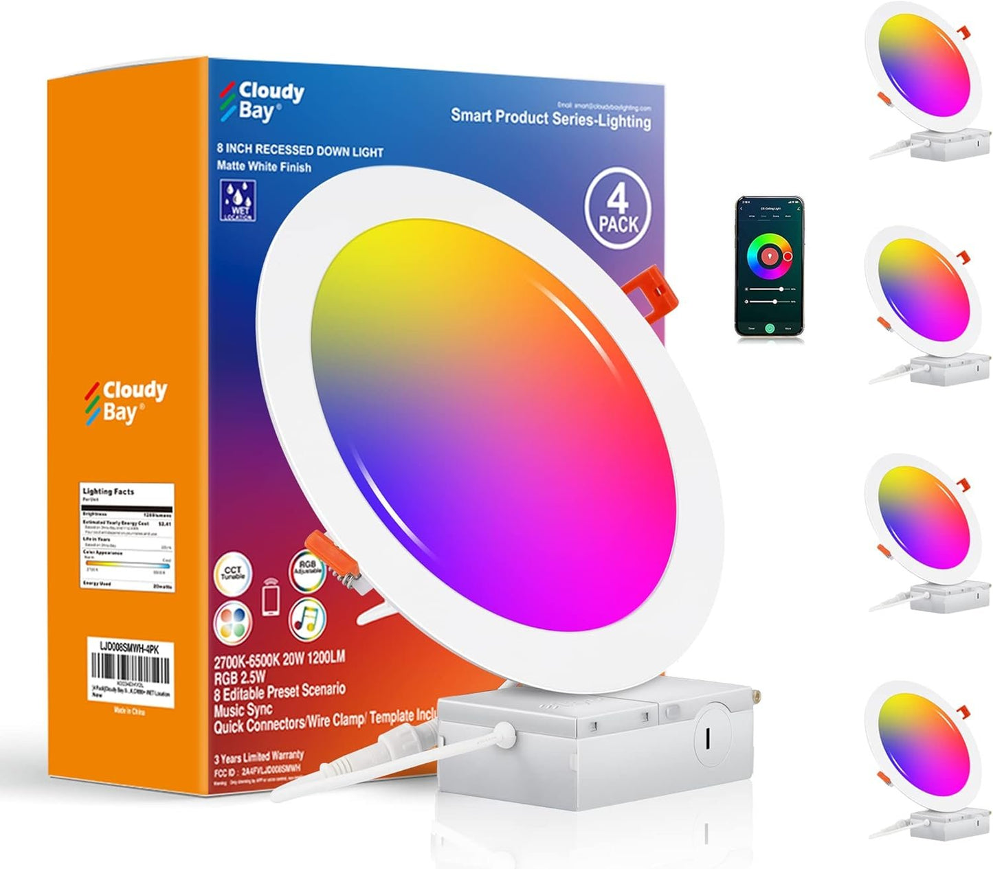 CLOUDY BAY [4 Pack] 8 inch Smart WiFi LED Recessed Lights,20W RGBCW Color Changing Recessed Lighting,Compatible with Alexa and Google Home Assistant,No Hub Required,2700K-6500K,CRI90+ Wet Location
